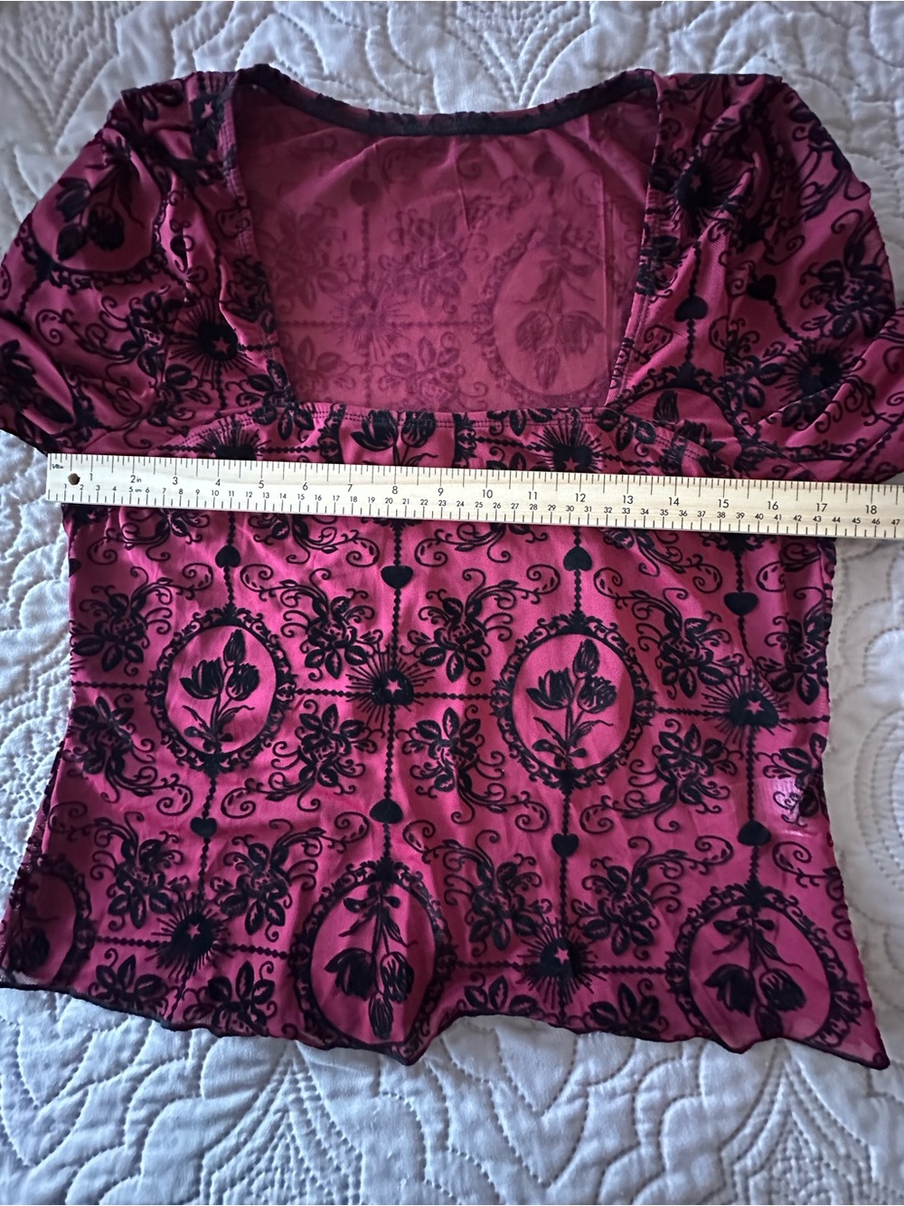 Whimsigoth Red Black Velvet Burnout Mesh Long Bell Sleeve Crop Top Goth Grunge - Picture 7 of 9